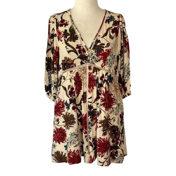 Jodifl Boho Floral Deep V Neck Lined Mini Long Sleeve Dress Women’s Small - Picture 1 of 10